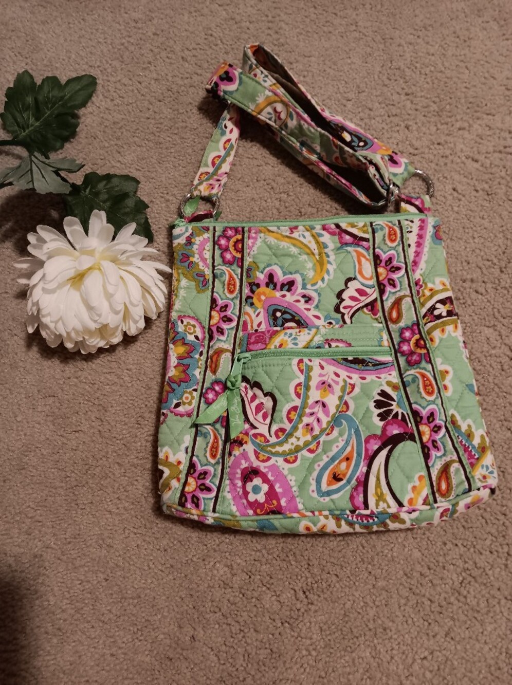 Vera Bradley Quilted Paisley Crossbody Bag in Mint and Pink.